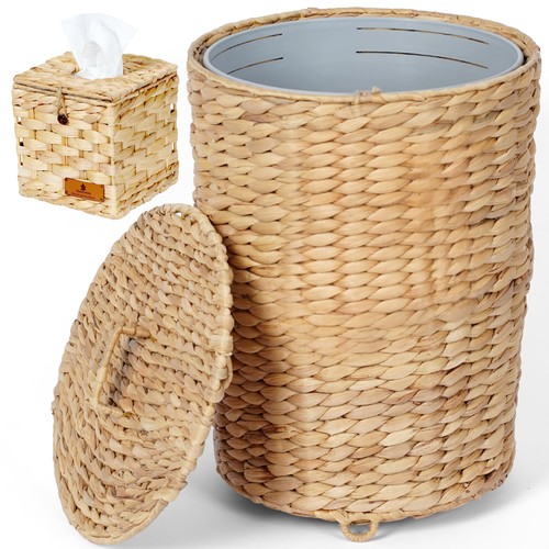 Wicker trash can with - with, lid,